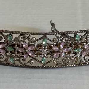 Vintage Pink Rhinestone Flower Silver Tone Metal Hair Barrette Pre-Owned